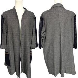 Misook Women's Open Knit Cardigan Duster Elbow Sleeves Black Gray Size 2X